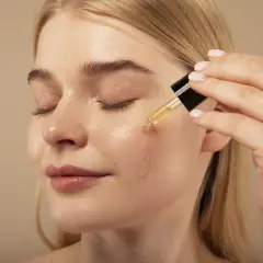 Kobieta aplikuje serum na twarz. Pamiętaj, retinol z czym nie łączyć, by uniknąć podrażnień.