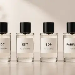 Cztery eleganckie flakony perfum: EDC, EDT, EDP i Parfum. Wybierz swój ulubiony zapach, od lekkiego EDC po intensywny Parfum.