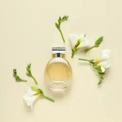 Elegancka butelka perfum otoczona delikatnymi kwiatami frezji. Zapach frezji unosi się w powietrzu, tworząc subtelną kompozycję.