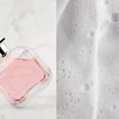 Różowy flakonik perfum i biała, puszysta piana. Jaki może być zapach? Świeży, kwiatowy, lekki jak bąbelki.
