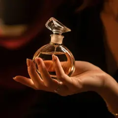Dłoń trzyma flakonik perfum. W tle świeca i czerwona tkanina. Czy to właśnie takie zapachy lubią mężczyźni?