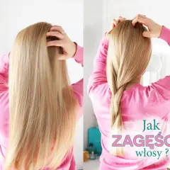 Dwa ujęcia blond włosów: proste i zaplecione w luźny warkocz. Tekst: "Jak zagęścić włosy?".