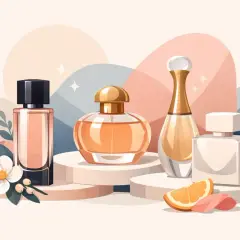 Eleganckie flakony symbolizują znane marki perfum, otoczone delikatnymi kwiatami i owocami.