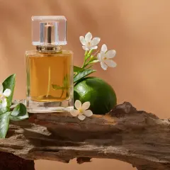 Elegancka butelka perfum EDP lub EDT, otoczona białymi kwiatami, zieloną limonką i fragmentem drewna.
