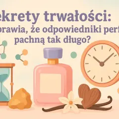 Sekrety trwałości perfum: klepsydra, zegar i flakonik sugerują, jak długo zapach utrzymuje się na skórze.