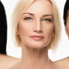 Trzy kobiety o różnym wieku i kolorze włosów. Centralna postać z blond włosami prezentuje sekret, jak mieć idealną cerę.