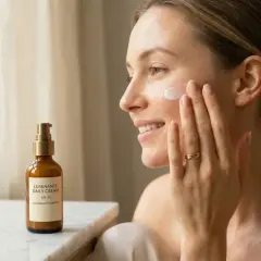 Krem z filtrem SPF 30 to podstawa codziennej pielęgnacji. Kobieta aplikuje go na twarz, dbając o ochronę przed słońcem.
