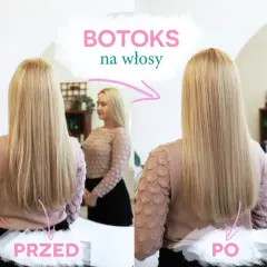 Przed i po zabiegu botoksu na włosy. Efekt wygładzenia i blasku, który utrzymuje się długo.