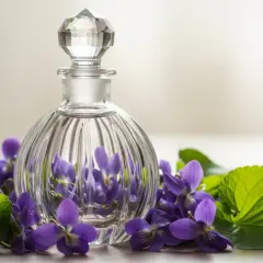Szklana buteleczka perfum otoczona przez intensywną fiołkę.