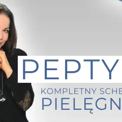 Kobieta w czarnej bluzce z koronką, obok napis "PEPTYDY KOMPLETNY SCHEMAT PIELĘGNACJI". Dowiedz się, z czym nie łączyć peptydów.