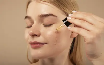 Kobieta aplikuje serum na twarz. Pamiętaj, retinol z czym nie łączyć, by uniknąć podrażnień.