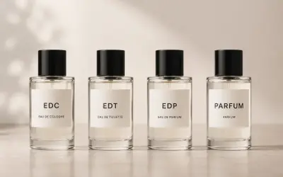Cztery eleganckie flakony perfum: EDC, EDT, EDP i Parfum. Wybierz swój ulubiony zapach, od lekkiego EDC po intensywny Parfum.