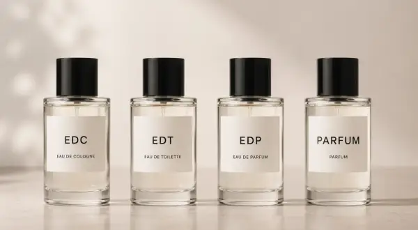 Cztery eleganckie flakony perfum: EDC, EDT, EDP i Parfum. Wybierz swój ulubiony zapach, od lekkiego EDC po intensywny Parfum.