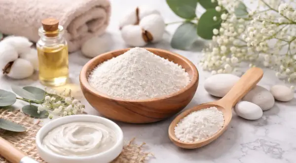 Kaolin co to? Biały proszek w drewnianej misce i na łyżce, obok kosmetyków i ręcznika. Idealny do domowych maseczek.