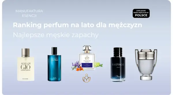 Ranking perfum na lato dla mężczyzn: Giorgio Armani Acqua di Gio, Davidoff Cool Water, Manufaktura Esencji N°01, Dior Sauvage, Paco Rabanne Invictus.