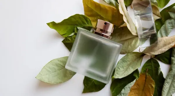 Szklana butelka perfum fougere otoczona jesiennymi liśćmi.