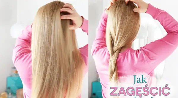 Dwa ujęcia blond włosów: proste i zaplecione w luźny warkocz. Tekst: "Jak zagęścić włosy?".