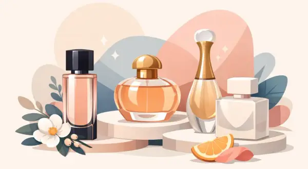 Eleganckie flakony symbolizują znane marki perfum, otoczone delikatnymi kwiatami i owocami.