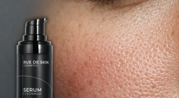 Serum z witaminą C rano czy wieczorem? Czarna buteleczka Rue de Skin z serum C/E/Ferulic obok skóry z widocznymi porami.