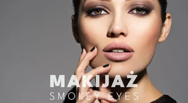 Kobieta z perfekcyjnym, matowym makijażem oczu typu smokey eyes. Usta w cielistym kolorze, czarne paznokcie.