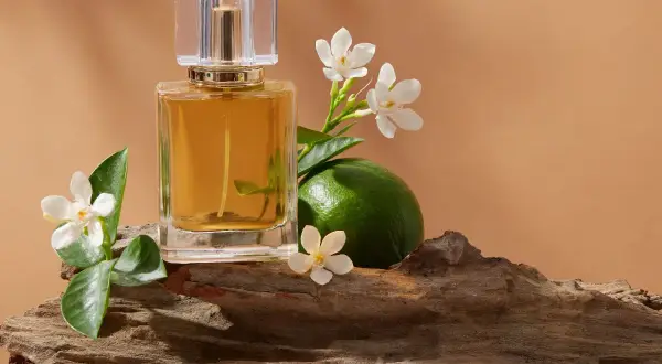 Elegancka butelka perfum EDP lub EDT, otoczona białymi kwiatami, zieloną limonką i fragmentem drewna.