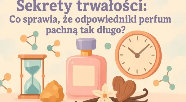 Sekrety trwałości perfum: klepsydra, zegar i flakonik sugerują, jak długo zapach utrzymuje się na skórze.