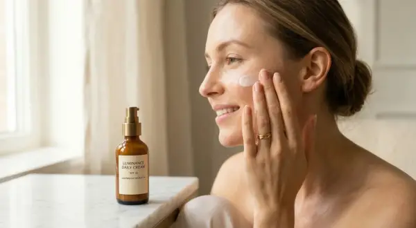 Krem z filtrem SPF 30 to podstawa codziennej pielęgnacji. Kobieta aplikuje go na twarz, dbając o ochronę przed słońcem.