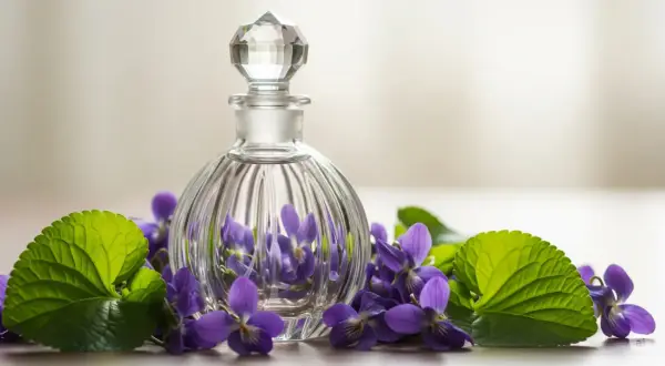 Szklana buteleczka perfum otoczona przez intensywną fiołkę.