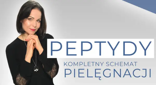 Kobieta w czarnej bluzce z koronką, obok napis "PEPTYDY KOMPLETNY SCHEMAT PIELĘGNACJI". Dowiedz się, z czym nie łączyć peptydów.
