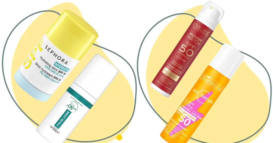 Reaplikacja SPF na makijaż: mgiełki ochronne Eveline i Bielenda oraz sztyft Sephora. Idealne na co dzień.