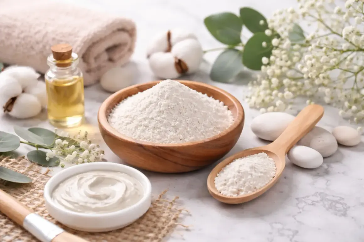 Kaolin co to? Biały proszek w drewnianej misce i na łyżce, obok kosmetyków i ręcznika. Idealny do domowych maseczek.