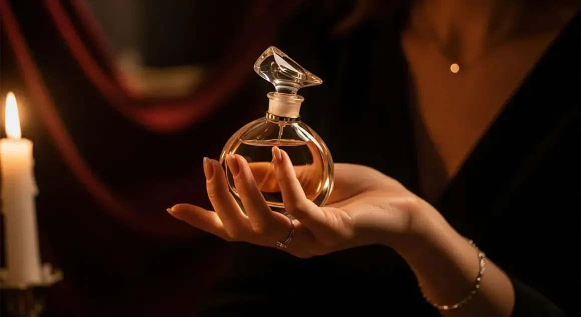 Dłoń trzyma flakonik perfum. W tle świeca i czerwona tkanina. Czy to właśnie takie zapachy lubią mężczyźni?