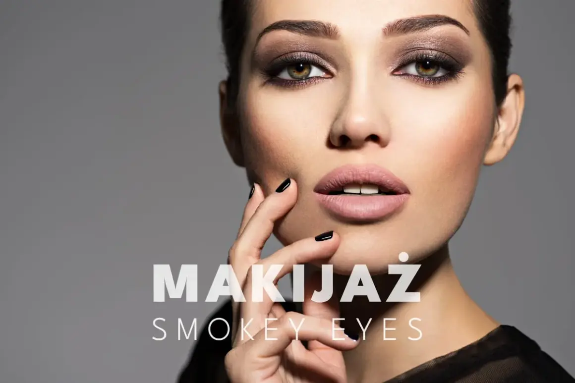 Kobieta z perfekcyjnym, matowym makijażem oczu typu smokey eyes. Usta w cielistym kolorze, czarne paznokcie.