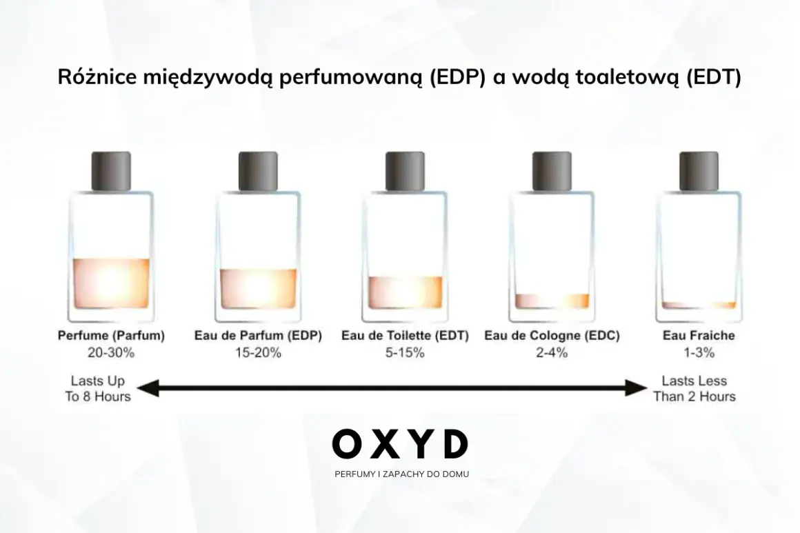 Woda perfumowana (EDP) to skoncentrowane perfumy, w przeciwieństwie do wody toaletowej (EDT). Obrazek pokazuje różnice w stężeniu i trwałości.