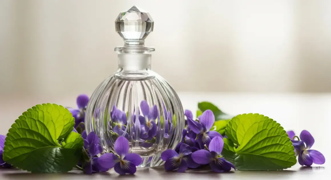 Szklana buteleczka perfum otoczona przez intensywną fiołkę.