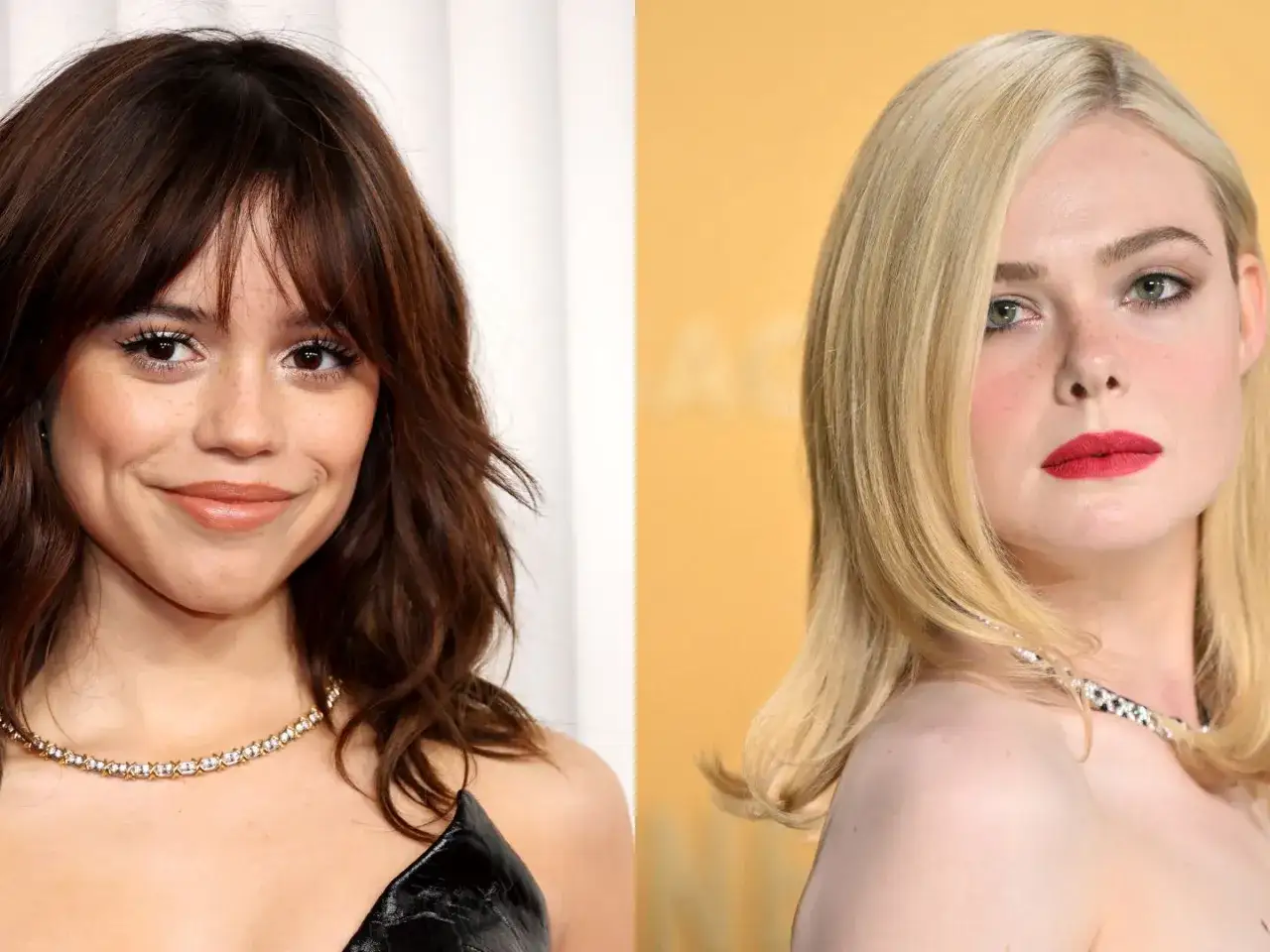Jenna Ortega z brązowym long bobem i Elle Fanning z blond włosami, obie w eleganckich naszyjnikach.
