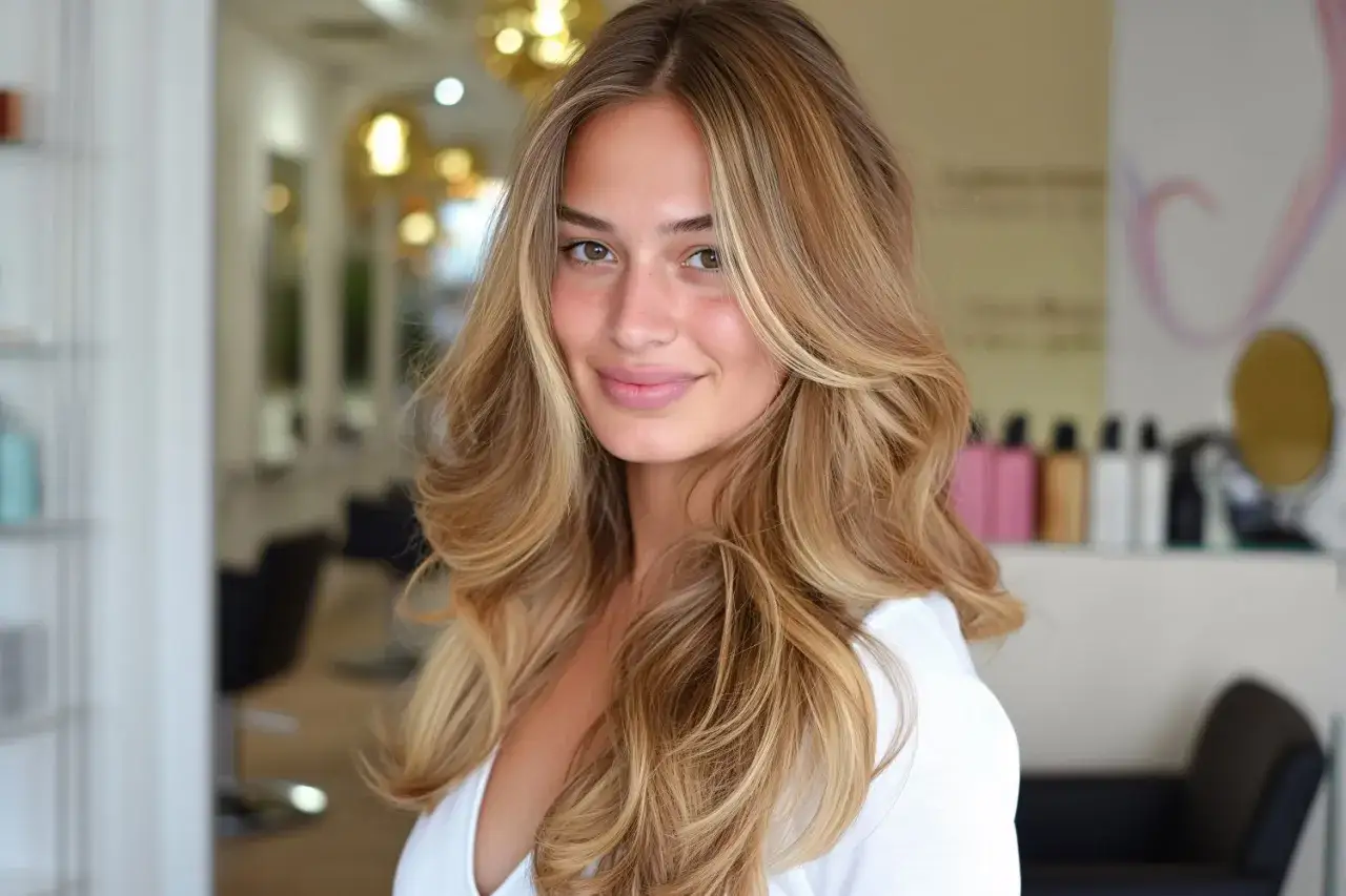 Uśmiechnięta blondynka z fryzurą butterfly cut, z pasemkami i objętością.