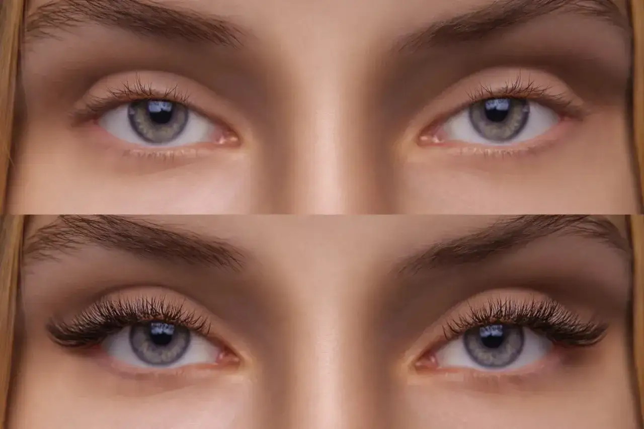 Przed i po: naturalne rzęsy kontra efektowne rzęsy foxy eyes.