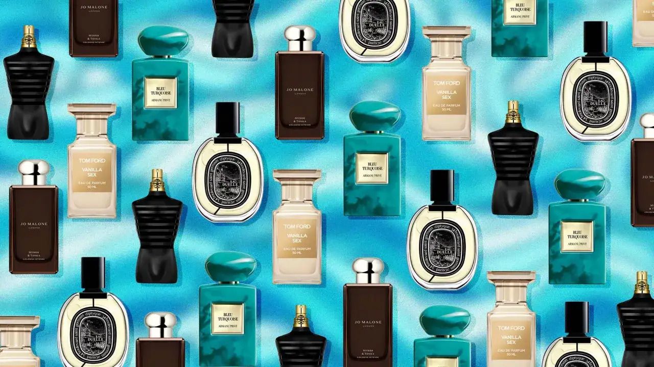 Kolekcja najdroższych perfum męskich: Tom Ford Vanilla Sex, Armani Bleu Turquoise, Jo Malone Myrrh & Tonka i Diptyque Eau Duelle.