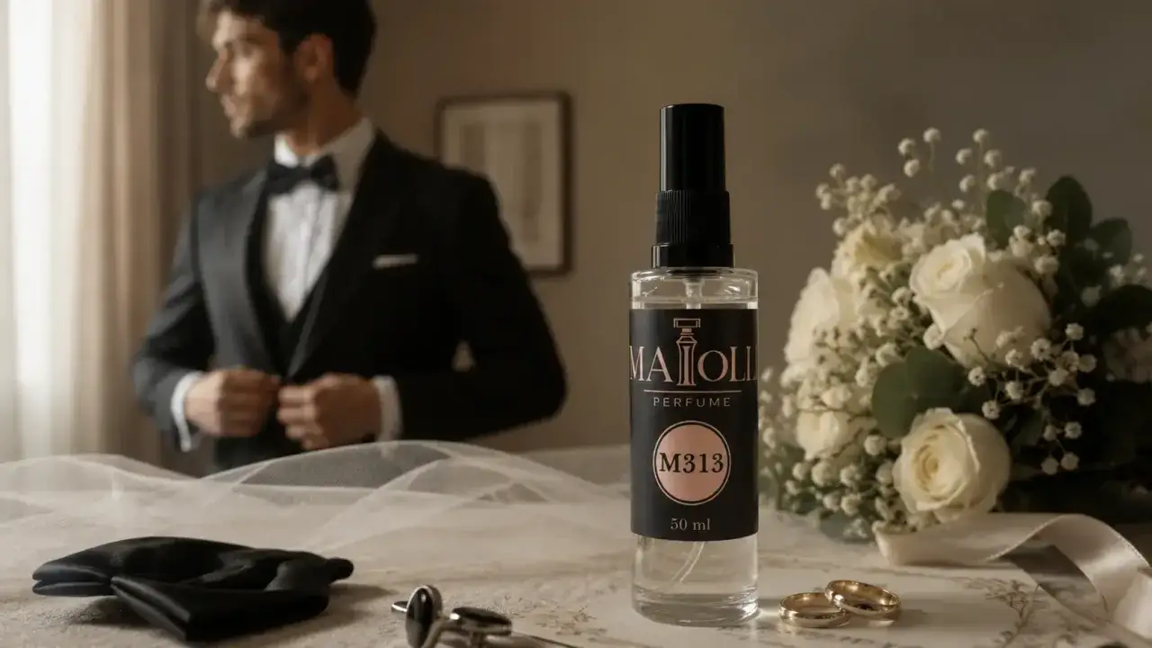 Elegancki mężczyzna w garniturze, bukiet białych r&oacute;ż i buteleczka perfum &ndash; symbol ponadczasowe perfumy męskie.