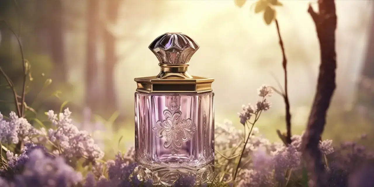 Elegancka butelka perfum fougere wśr&oacute;d delikatnych kwiat&oacute;w.