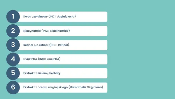 Składniki aktywne dla cery naczynkowej: kwas azelainowy, niacynamid, retinol, cynk PCA, ekstrakt z zielonej herbaty i oczaru wirginijskiego.