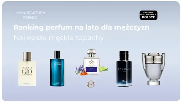 Ranking perfum na lato dla mężczyzn: Giorgio Armani Acqua di Gio, Davidoff Cool Water, Manufaktura Esencji N°01, Dior Sauvage, Paco Rabanne Invictus.