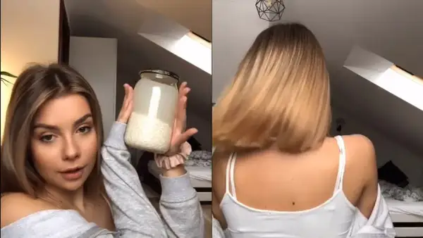Dziewczyna pokazuje słoik z wodą z ryżu, domowym sposobem na piękne włosy. Po prawej widać jej lśniące, blond włosy.