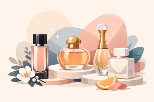 Eleganckie flakony symbolizują znane marki perfum, otoczone delikatnymi kwiatami i owocami.