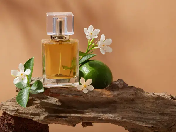 Elegancka butelka perfum EDP lub EDT, otoczona białymi kwiatami, zieloną limonką i fragmentem drewna.