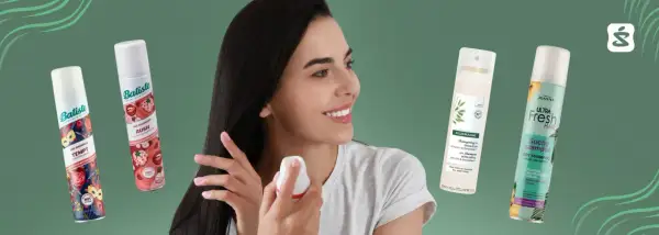 Szukasz co zamiast suchego szamponu? Kobieta aplikuje odświeżający spray na włosy, obok stoją różne marki suchych szamponów.
