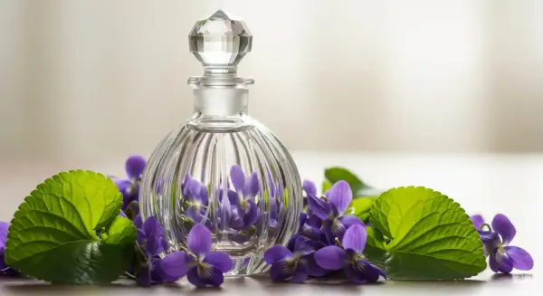 Szklana buteleczka perfum otoczona przez intensywną fiołkę.